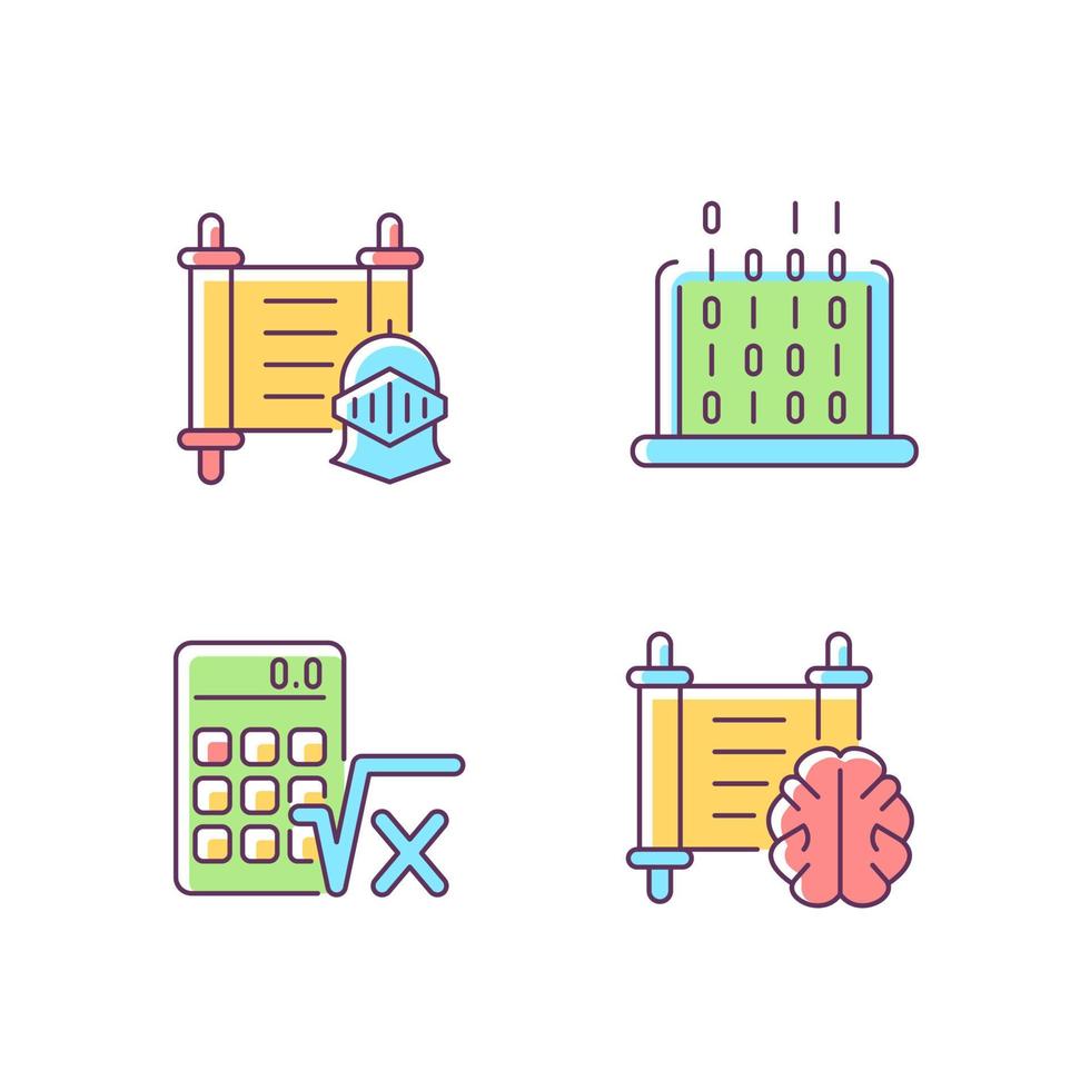 Humanities and applied subjects RGB color icons set. History, philosophy lesson. Algebra, IT classes in educational institutions. Isolated vector illustrations. Simple filled line drawings collection