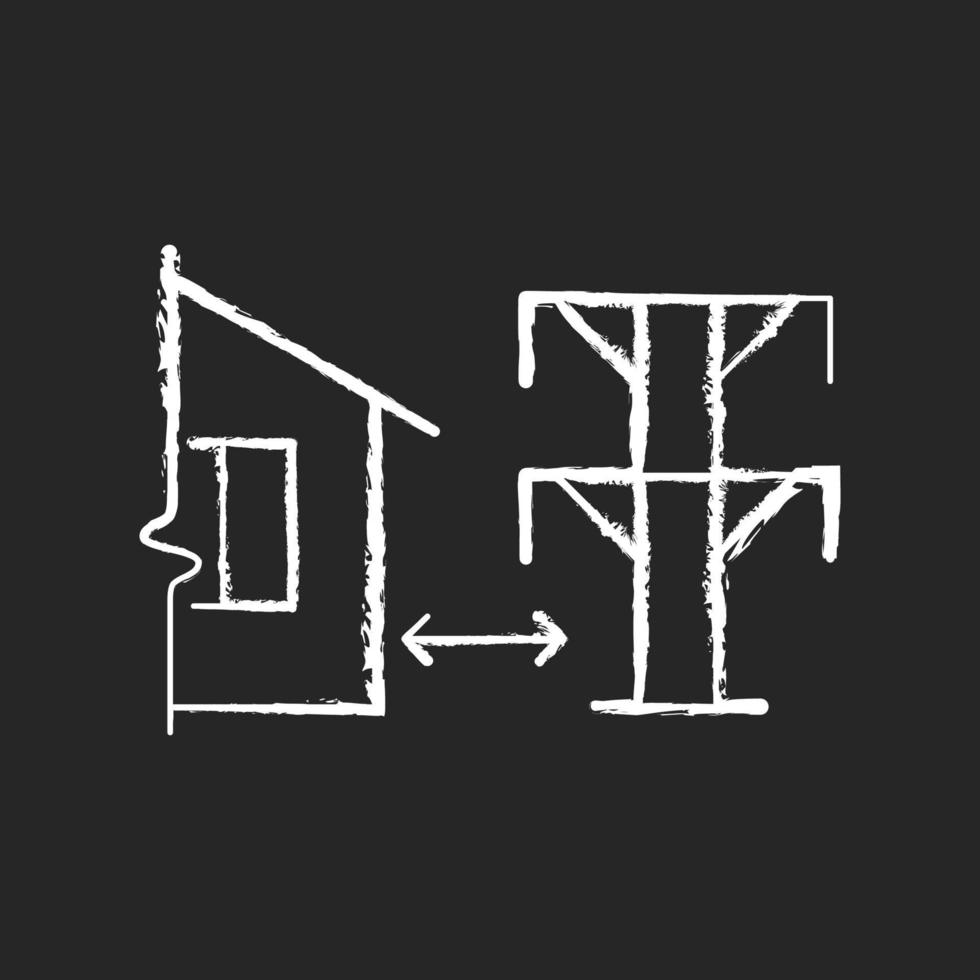 Distance from electric lines chalk white icon on dark background. Space between building and power system equipment. Stay away from magnetic fields. Isolated vector chalkboard illustration on black