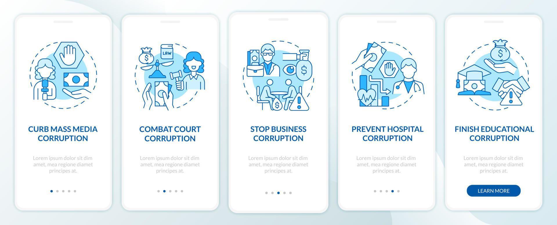 prevención de la corrupción incorporando la pantalla de la página de la aplicación móvil azul. detener el soborno tutorial 5 pasos instrucciones gráficas con conceptos. ui, ux, plantilla vectorial gui con ilustraciones en color lineal vector