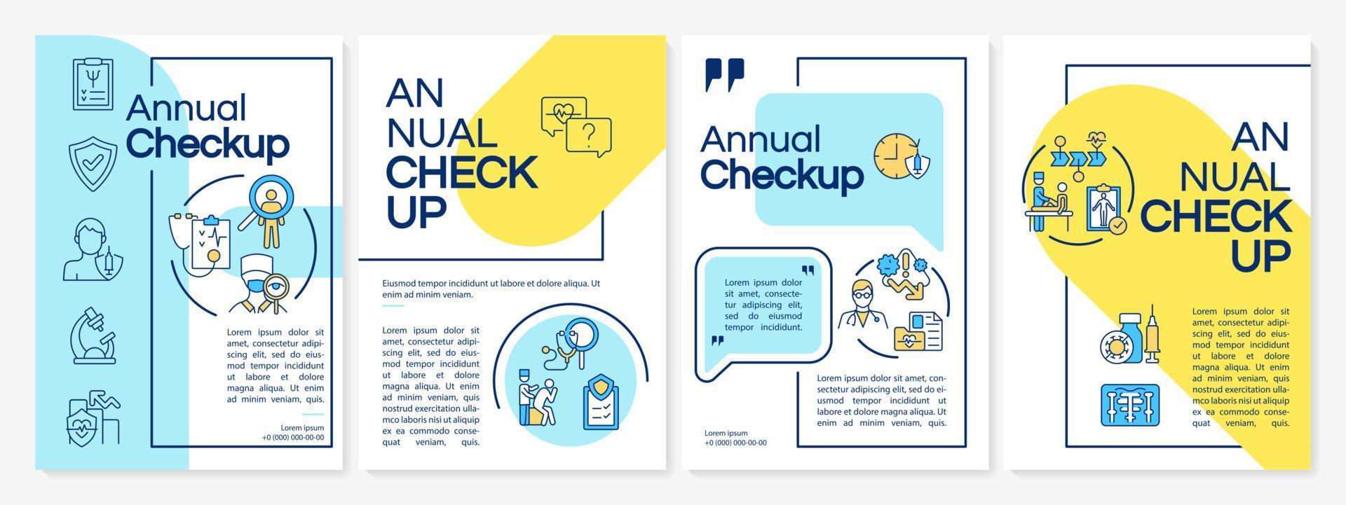 Annual checkup blue and yellow brochure template. Medical exam. Flyer, booklet, leaflet print, cover design with linear icons. Vector layouts for presentation, annual reports, advertisement pages