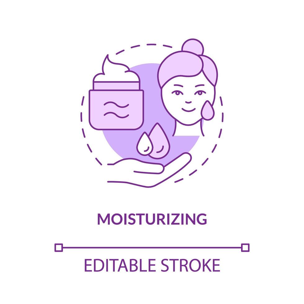 Moisturizing purple concept icon. Apply cream product. Skincare routine step abstract idea thin line illustration. Isolated outline drawing. Editable stroke. Roboto-Medium, Myriad Pro-Bold fonts used vector