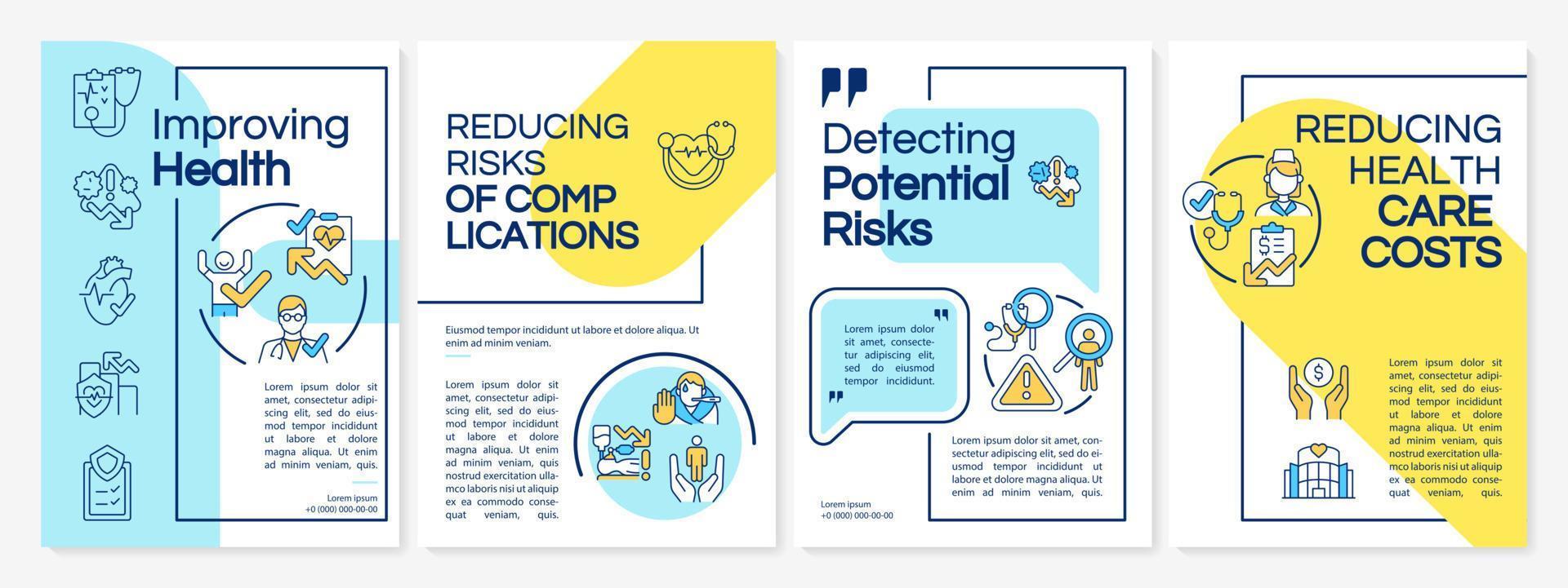 Annual check up benefits blue, yellow brochure template. Healthcare. Flyer, booklet, leaflet print, cover design with linear icons. Vector layouts for presentation, annual reports, advertisement pages