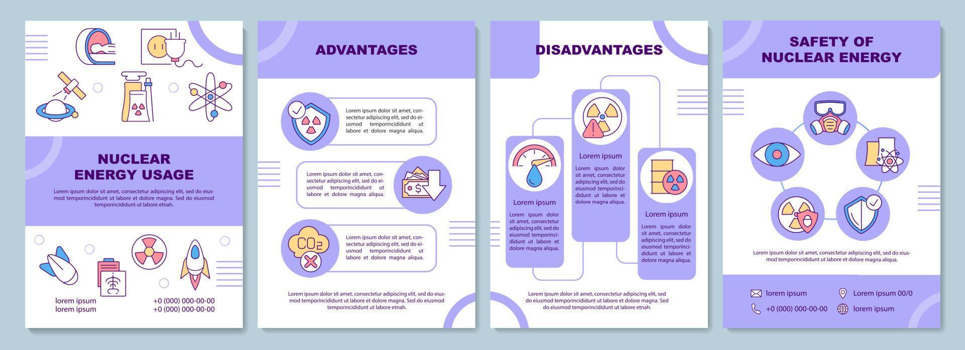 Nuclear energy usage brochure template. Pros and cons. Flyer, booklet, leaflet print, cover design with linear icons. Vector layouts for presentation, annual reports, advertisement pages