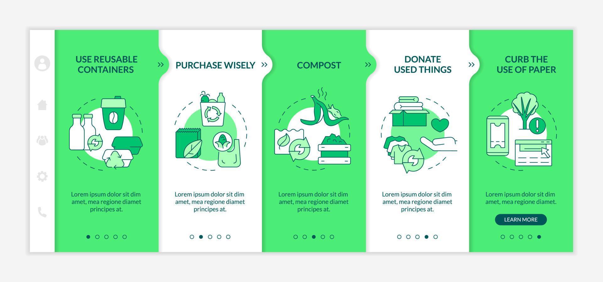 How to minimize waste green onboarding template. Reuse and recycle. Responsive mobile website with linear concept icons. Web page walkthrough 5 step screens. Lato-Bold, Regular fonts used vector