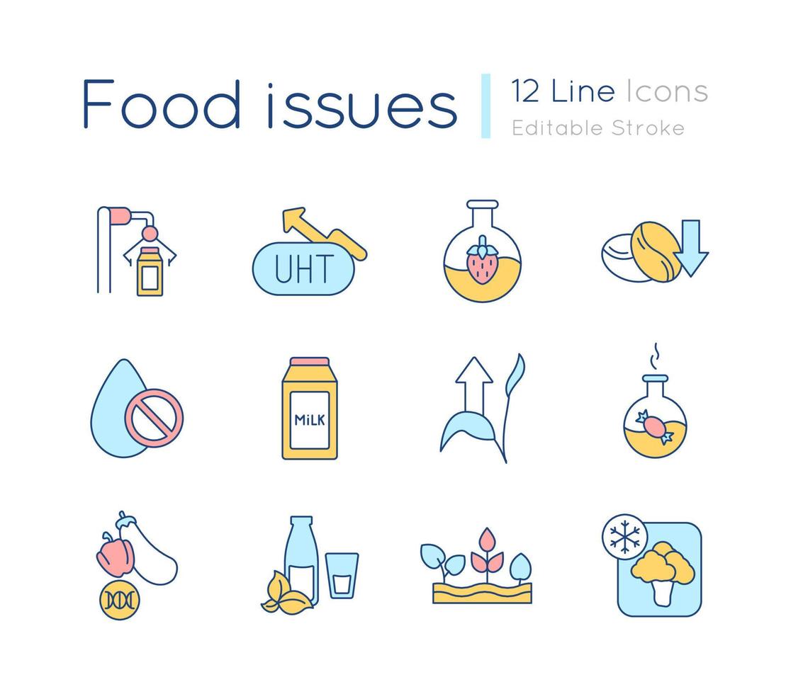 Food issues RGB color icons set. Processing methods. Food preservation. Isolated vector illustrations. Simple filled line drawings collection. Editable stroke. Quicksand-Light font used