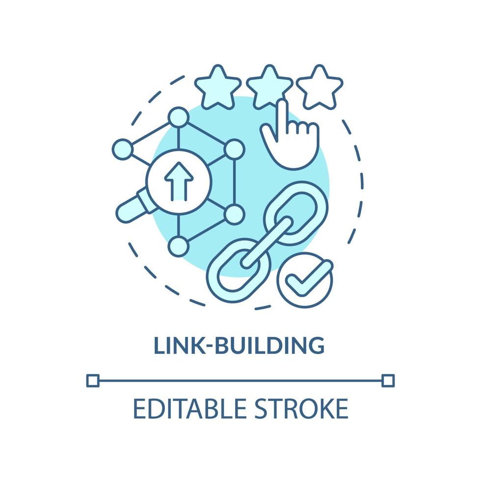 Link-building turquoise concept icon. SEO optimization tool. Current marketing trend abstract idea thin line illustration. Isolated outline drawing. Editable stroke. Arial, Myriad Pro-Bold fonts used vector