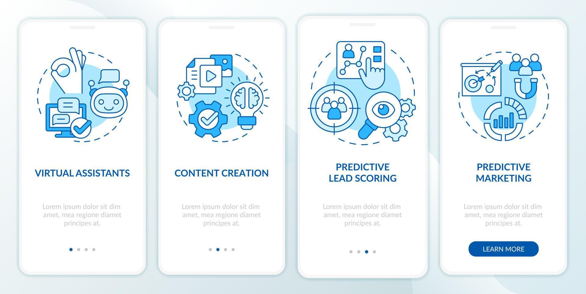 Usage of AI in marketing blue onboarding mobile app screen. Machine walkthrough 4 steps graphic instructions pages with linear concepts. UI, UX, GUI template. Myriad Pro-Bold, Regular fonts used vector