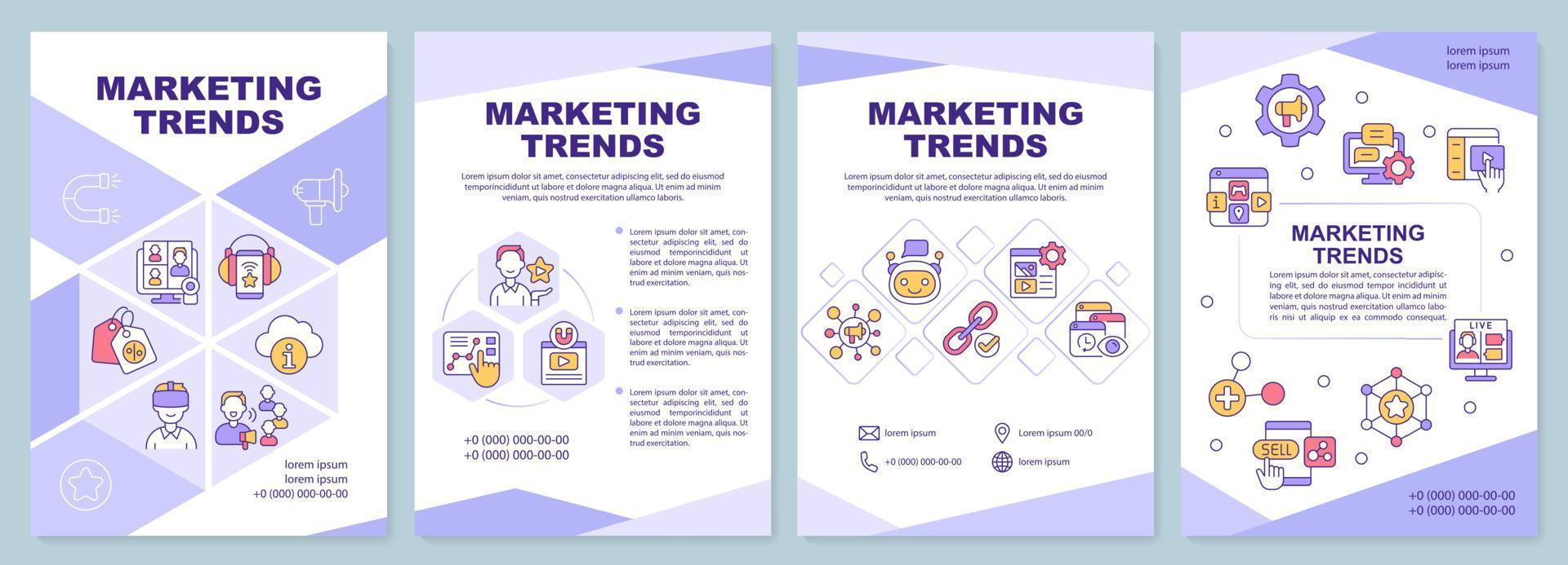 Marketing trends purple brochure template. Advertise innovation. Leaflet design with linear icons. 4 vector layouts for presentation, annual reports. Arial-Black, Myriad Pro-Regular fonts used