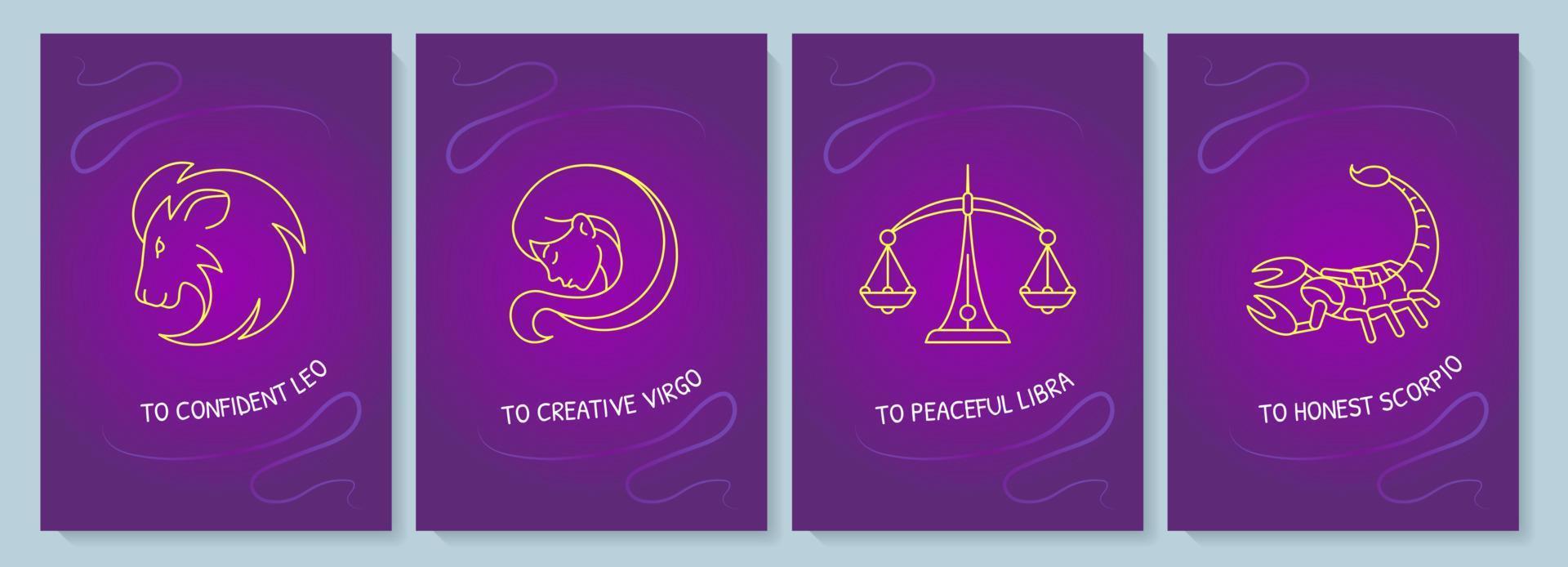 Zodiac signs postcard with linear glyph icon set. Horoscope. Greeting card with decorative vector design. Simple style poster with creative lineart illustration. Flyer with holiday wish