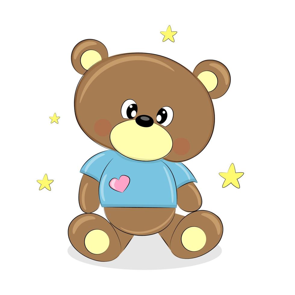 Cute teddy bear wearing a heart and stars t-shirt, print for kids room, baby shower, greeting card, and design for baby t-shirts and clothes, hand drawn children's illustration, Vector illustration