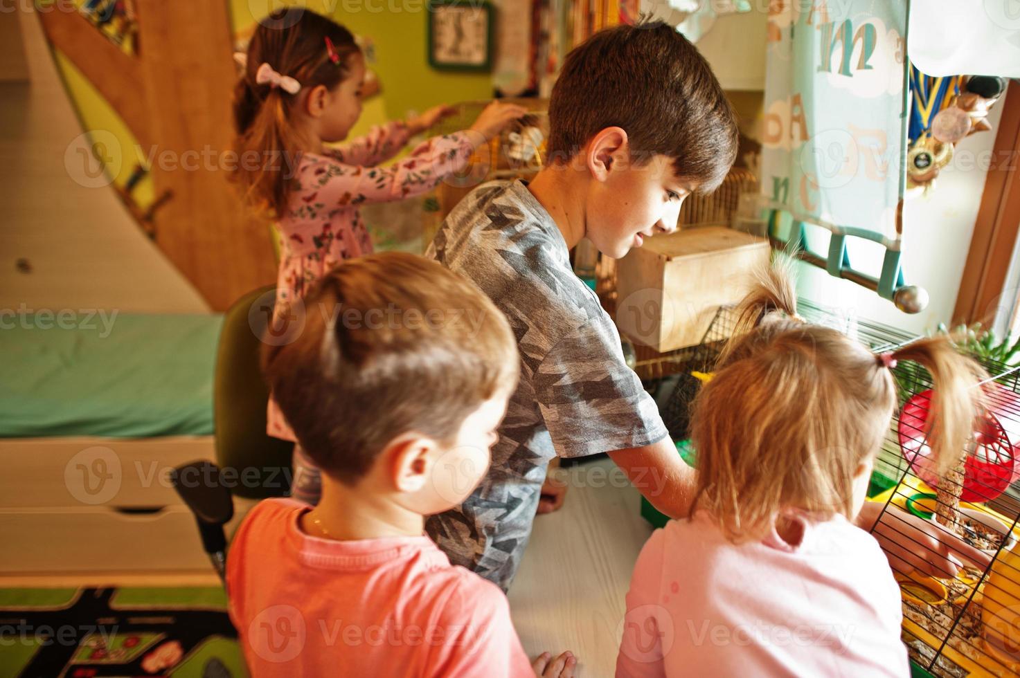Four children holding their favorite pets on hands. Kids playing with hamster,turtle and parrots at home. photo