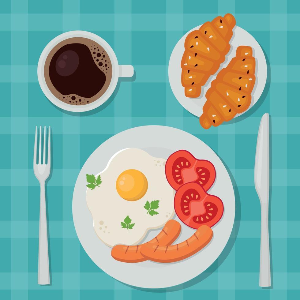 Delicious breakfast. Fried eggs, coffee and croissants. View from above. Vector illustration in flat cartoon style.