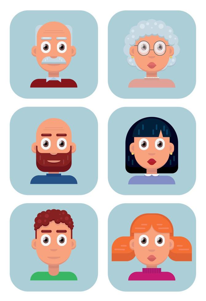 Flat design character. People avatars set of men and women of different ages. Profile picture icons. Male and female faces. Flat style vector illustration.