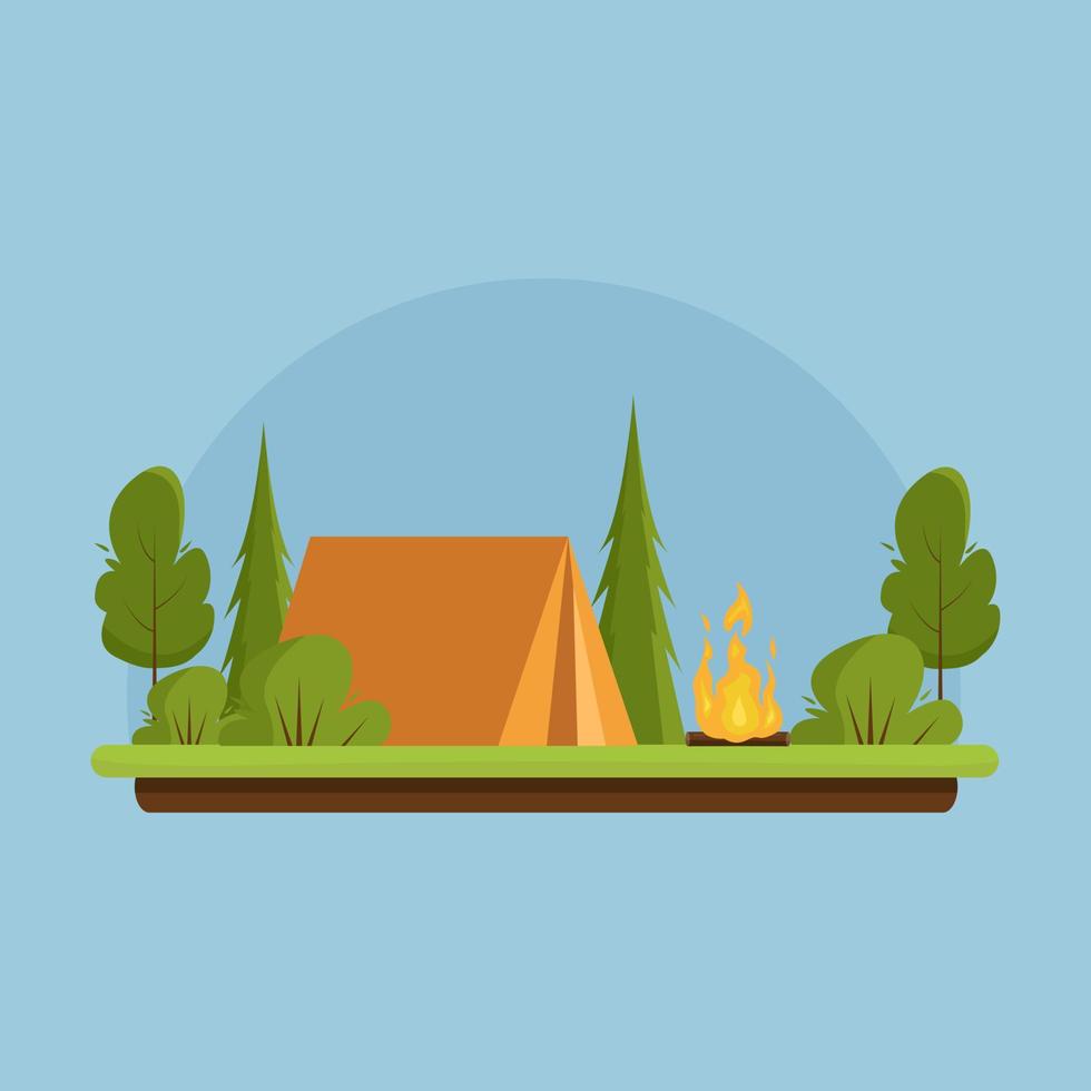 Camping. Day landscape with a orange tent near bonfire. Banner for summer camp, nature tourism, camping, hiking, trekking, etc. Vector illustration in flat style.