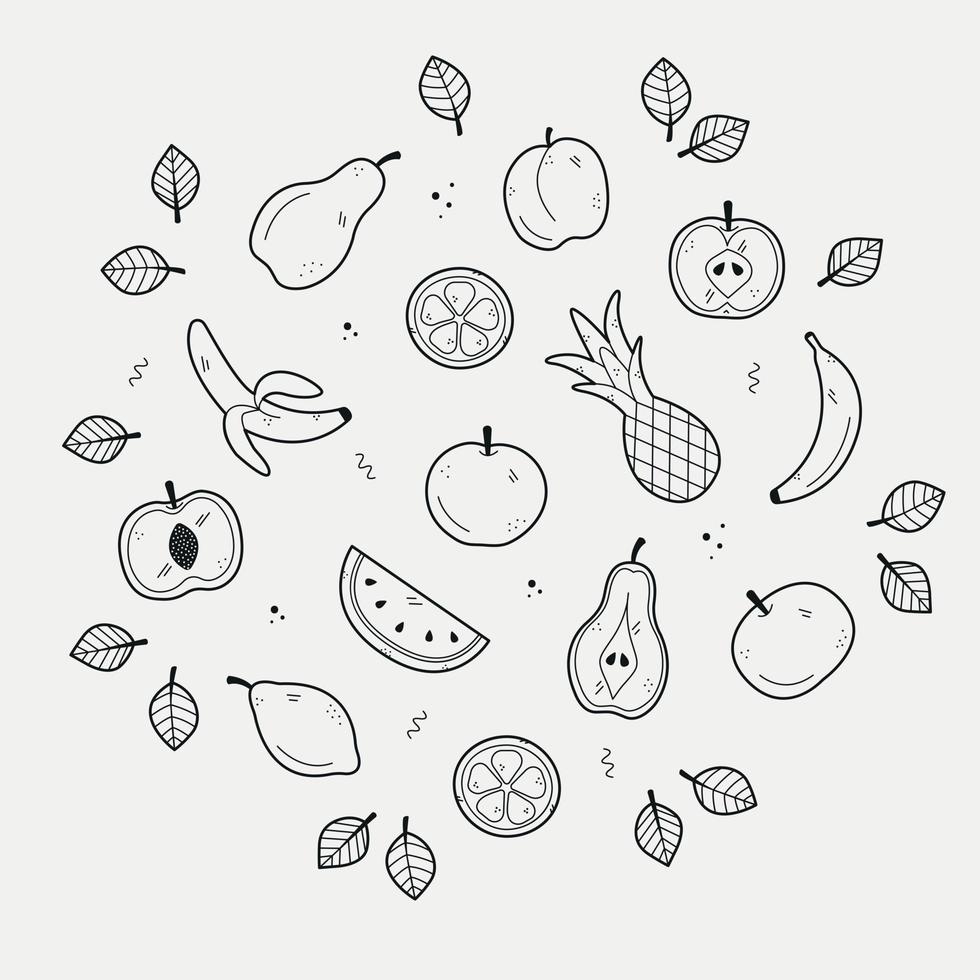 Hand drawing set of fruits. Sketch in doodle style on white background. The set includes icons as apple, pear, peach, pineapple, apricot, watermelon, lemon, orange, banana. Vector illustration