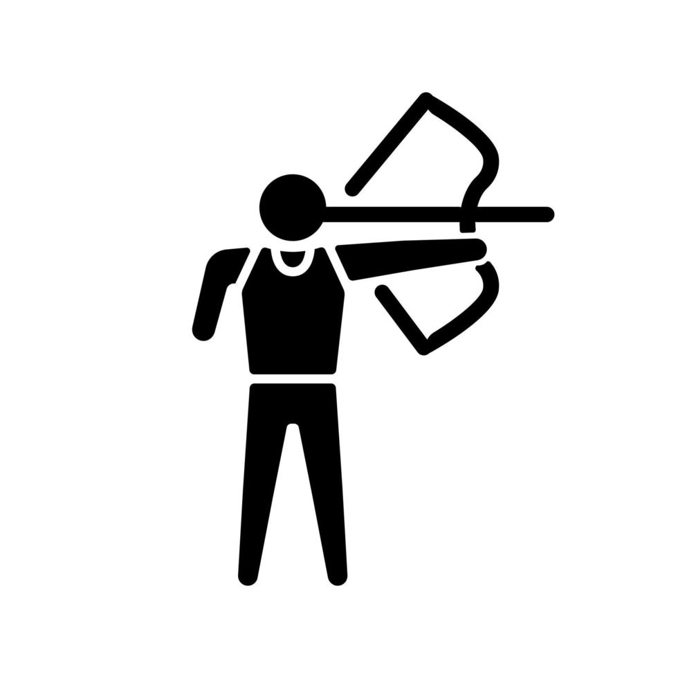 Archery black glyph icon. Sportsman hit targets with bow. Shooting arrows over distance. Accuracy sport competition. Disabled athlete. Silhouette symbol on white space. Vector isolated illustration