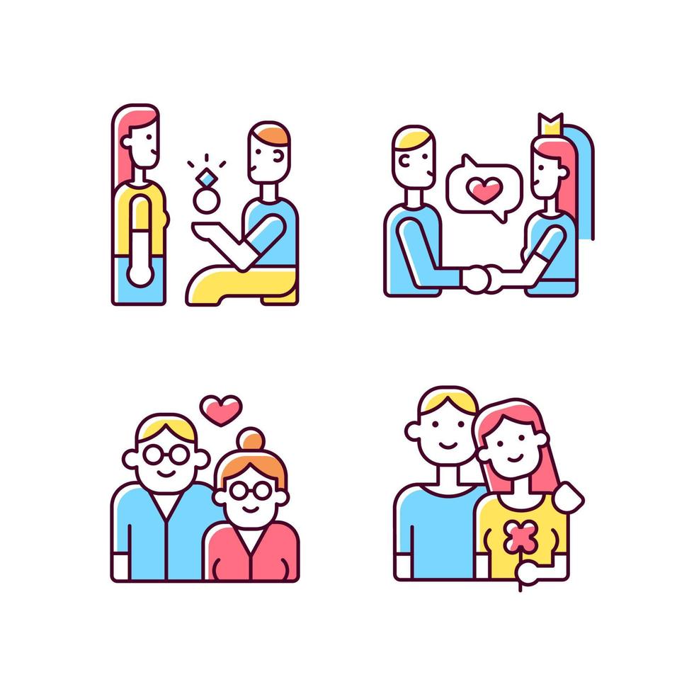 Stages of romantic relationship RGB color icons set. Man proposing to woman. Marriage, wedding vows. Elderly couple in love. Isolated vector illustrations. Simple filled line drawings collection