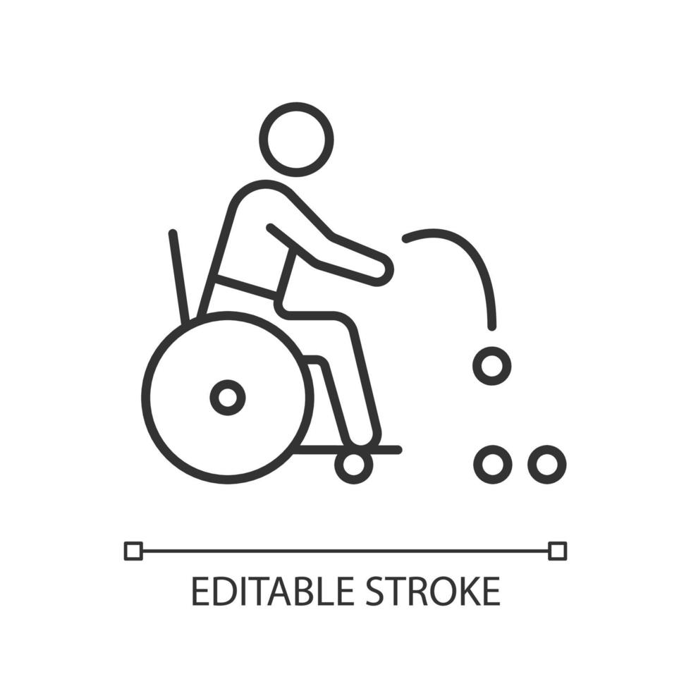 Boccia linear icon. Precision ball throwing sport. Sportsman with physical disability. Thin line customizable illustration. Contour symbol. Vector isolated outline drawing. Editable stroke
