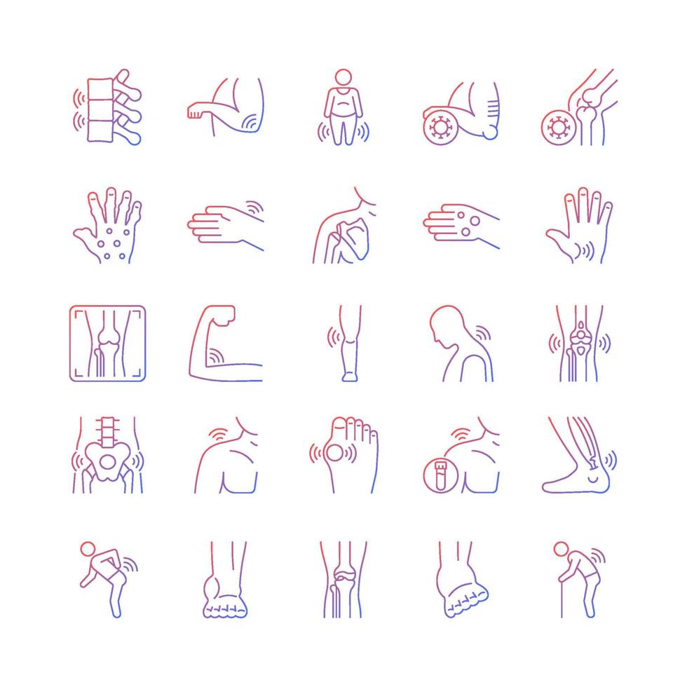 Joints pain gradient linear vector icons set. Rheumatic diseases. Arthritis development. Muscles inflammation. Thin line contour symbols bundle. Isolated outline illustrations collection