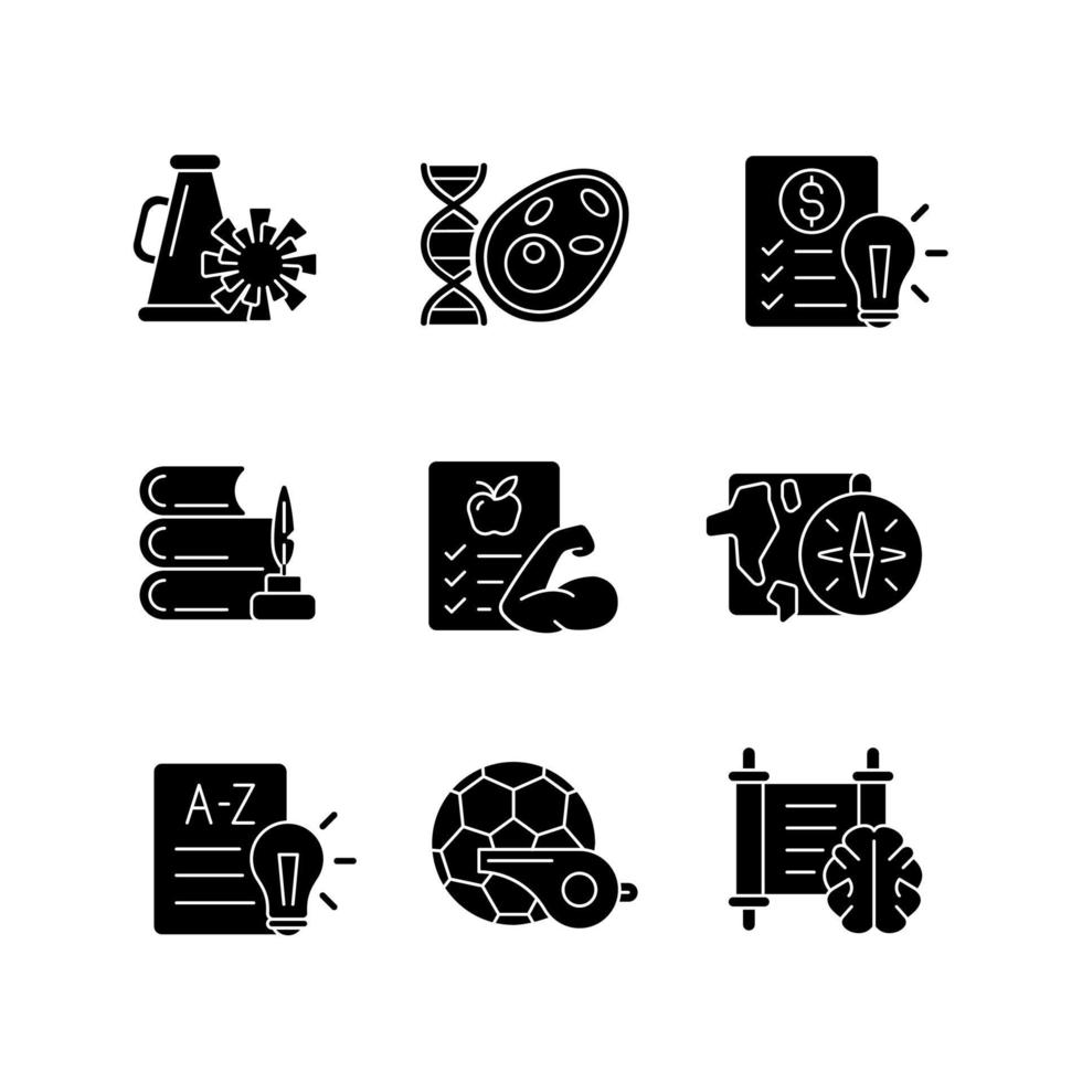 Various school subjects black glyph icons set on white space. Humanities and applied sciences. Health course in educational institutions. Silhouette symbols. Vector isolated illustration