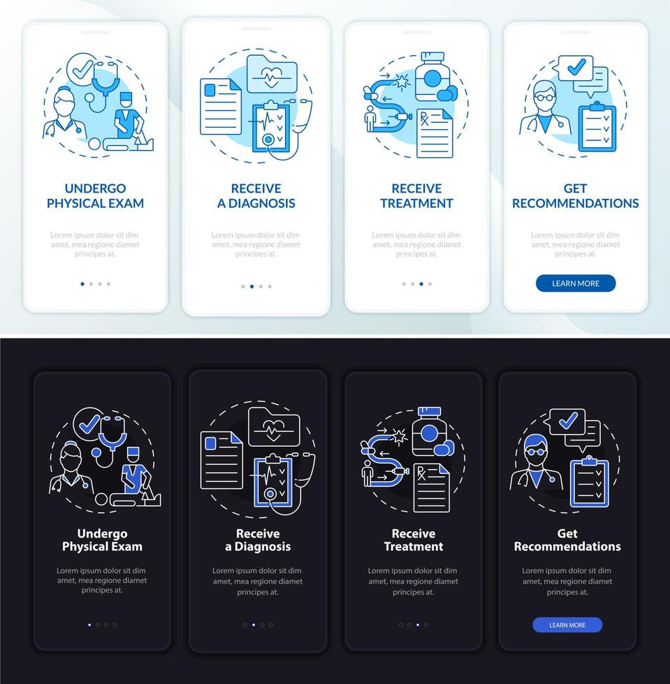 Physiotherapy process onboarding mobile app page screen. Physical therapy walkthrough 4 steps graphic instructions with concepts. UI, UX, GUI vector template with night and day mode illustrations