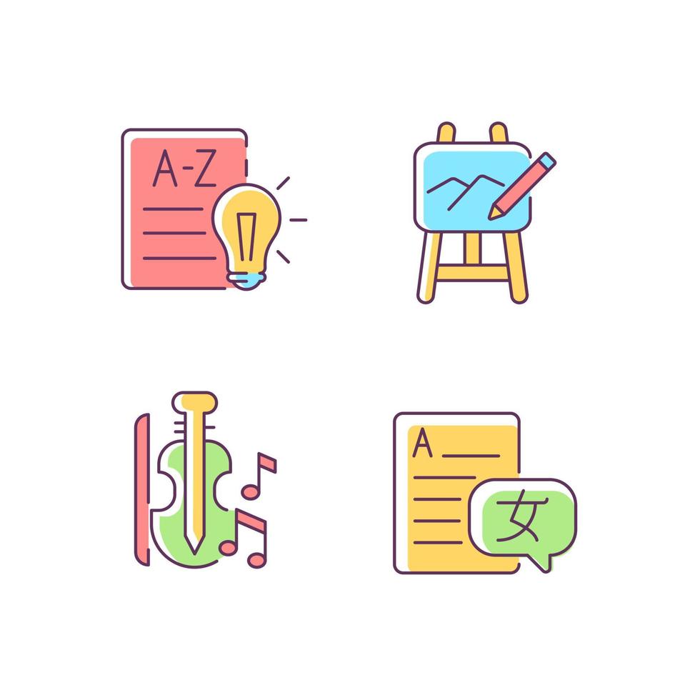 Variety of subjects in school RGB color icons set. Art classes. Music education. Learning foreign languages. Financial literacy. Isolated vector illustrations. Simple filled line drawings collection