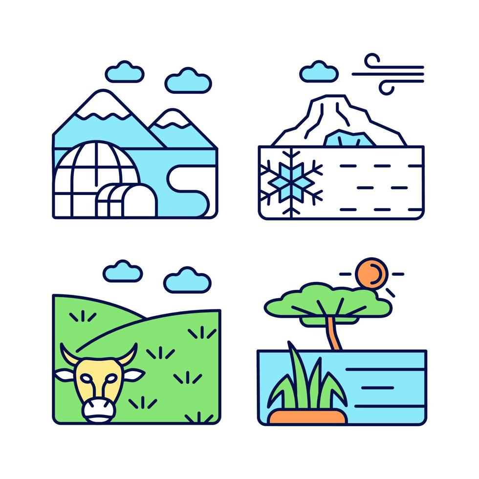 Climate zones RGB color icons set. Southern and northern regions. Temperate climatic conditions. Isolated vector illustrations. Simple filled line drawings collection. Editable stroke