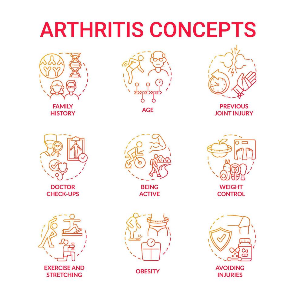 Arthritis red gradient concept icons set. Risk factors and prevention idea thin line color illustrations. Joint and bone disorder. Weight control and fitness. Vector isolated outline drawings