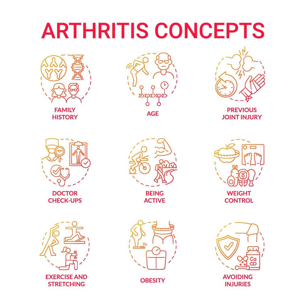 conjunto de iconos de concepto de gradiente rojo de artritis. factores de riesgo e ideas de prevención ilustraciones en color de línea delgada. trastorno articular y óseo. control de peso y fitness. dibujos de contorno aislados vectoriales vector