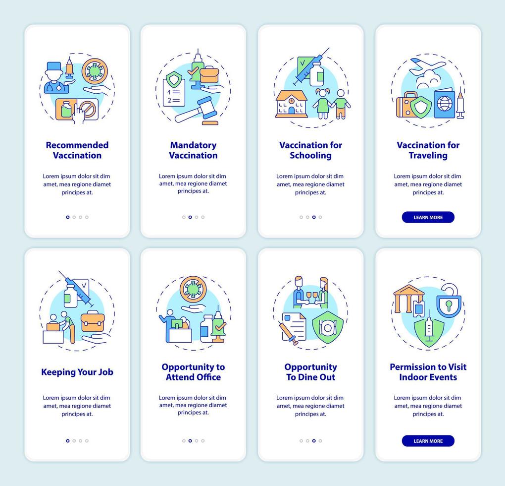 Benefits of getting vaccine onboarding mobile app page screen set. Opportunities walkthrough 4 steps graphic instructions with concepts. UI, UX, GUI vector template with linear color illustrations