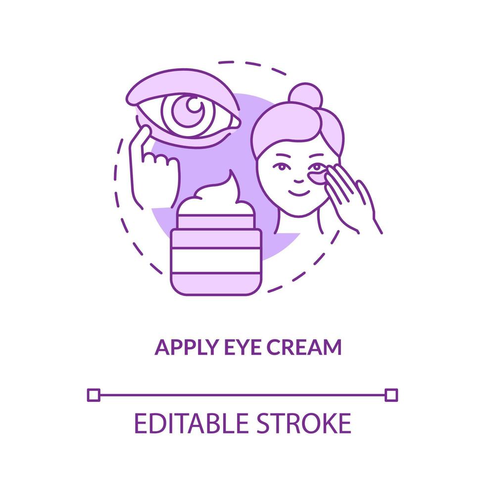Apply eye cream purple concept icon. Dark circle removal. Skincare routine abstract idea thin line illustration. Isolated outline drawing. Editable stroke. Roboto-Medium, Myriad Pro-Bold fonts used vector