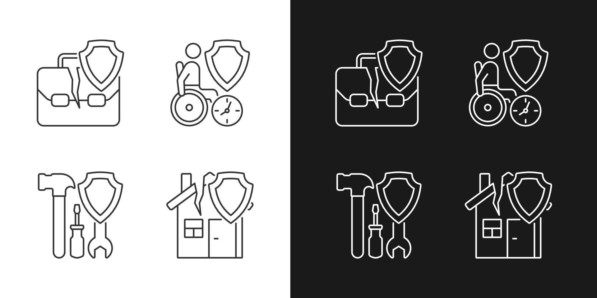 Accidents insurance cases linear icons set for dark and light mode. Financial support of customers. Safety policy. Customizable thin line symbols. Isolated vector outline illustrations