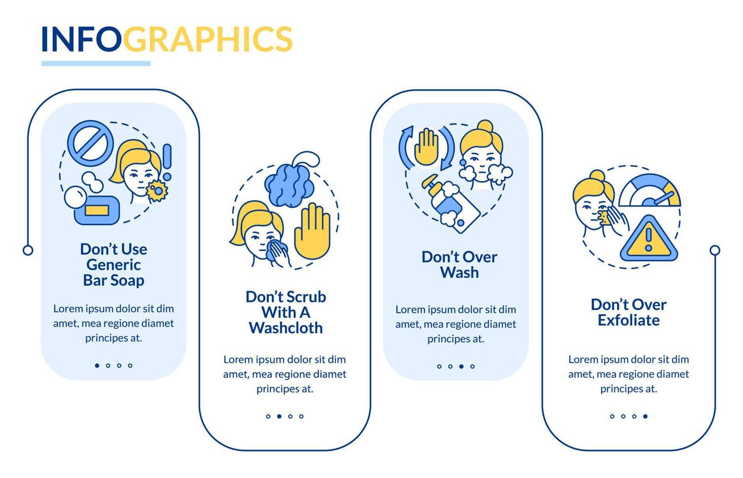 el cuidado de la piel no hace una plantilla de infografía rectangular. errores de rutina. visualización de datos con 4 pasos. gráfico de información de la línea de tiempo del proceso. diseño de flujo de trabajo con iconos de línea. lato-negrita, fuentes regulares utilizadas vector