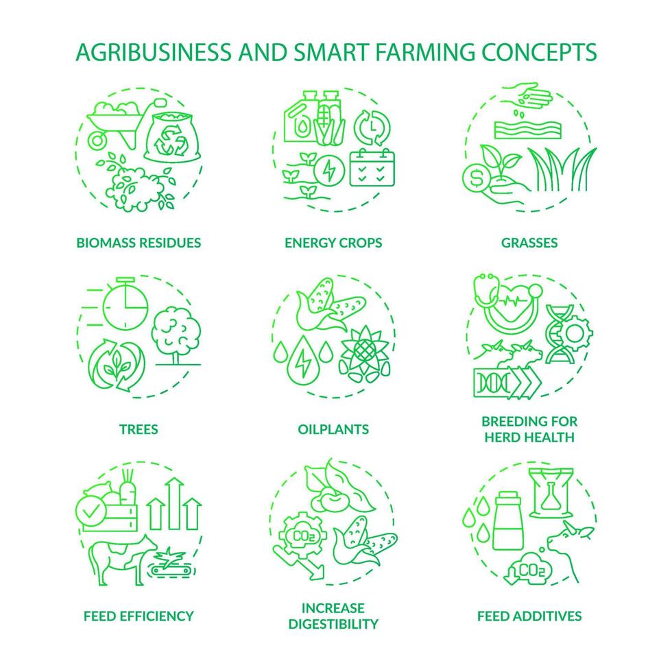 Agribusiness and smart farming green gradient concept icons set. Biomass residues. Energy crops idea thin line color illustrations. Isolated outline drawings. Roboto-Medium, Myriad Pro-Bold fonts used vector
