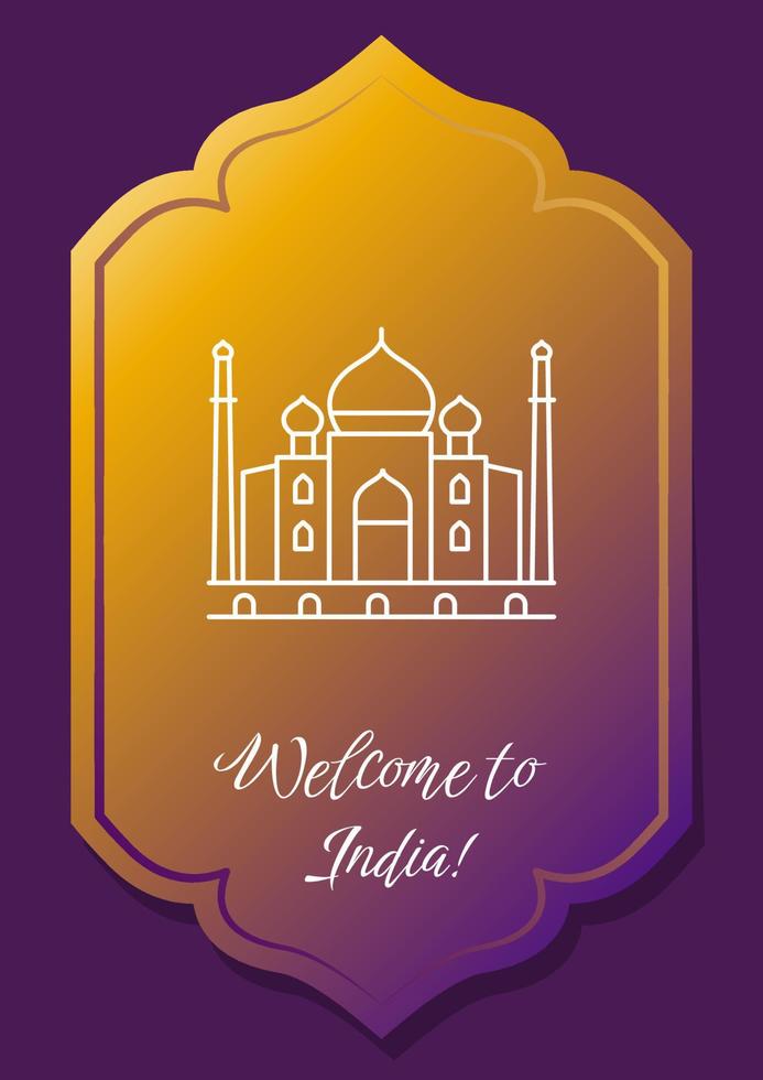 Welcoming to India postcard with linear glyph icon. Send travel card. Greeting card with decorative vector design. Simple style poster with creative lineart illustration. Flyer with holiday wish