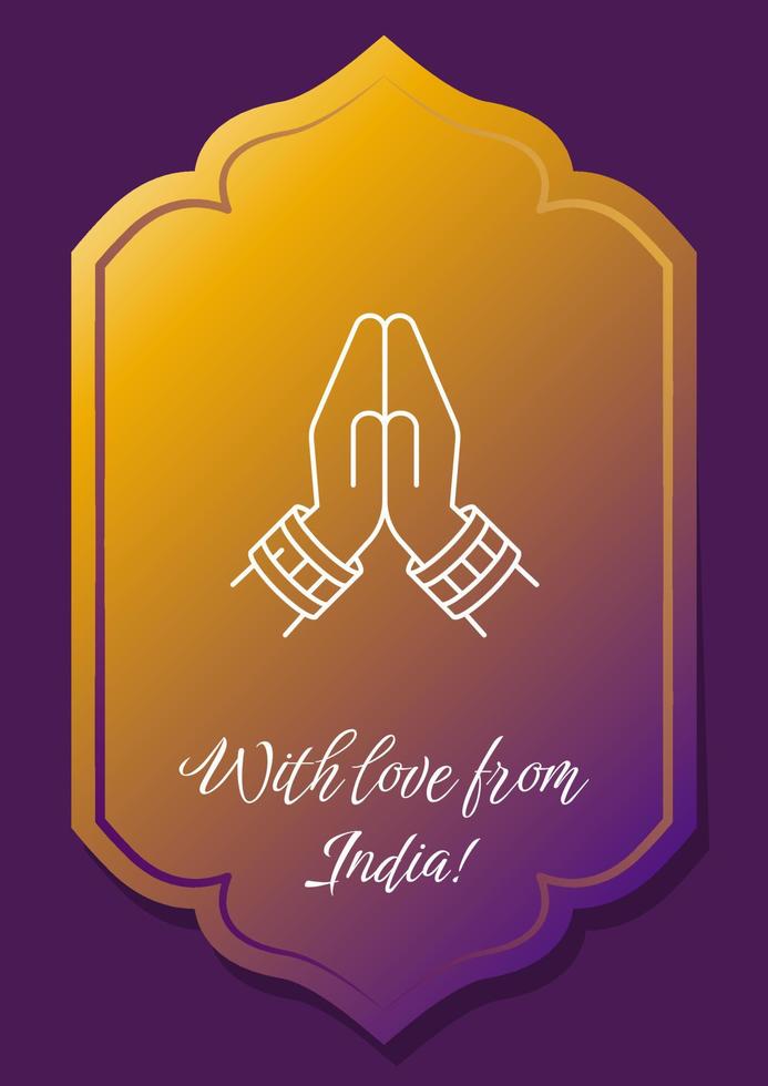 Greetings from India postcard with linear glyph icon. Sending postal card. Greeting card with decorative vector design. Simple style poster with creative lineart illustration. Flyer with holiday wish