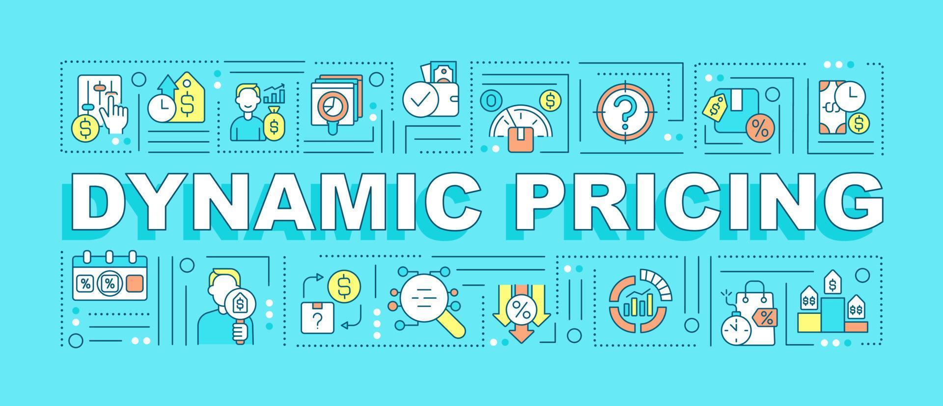 Dynamic pricing word concepts turquoise banner. Market dynamics. Infographics with linear icons on background. Isolated typography. Vector color illustration with text. Arial-Black font used
