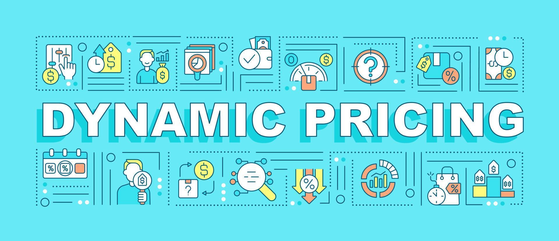 Banner turquesa de conceptos de palabras de precios dinámicos. dinámica del mercado. infografías con iconos lineales en el fondo. tipografía aislada. ilustración de color vectorial con texto. fuente arial-black utilizada vector