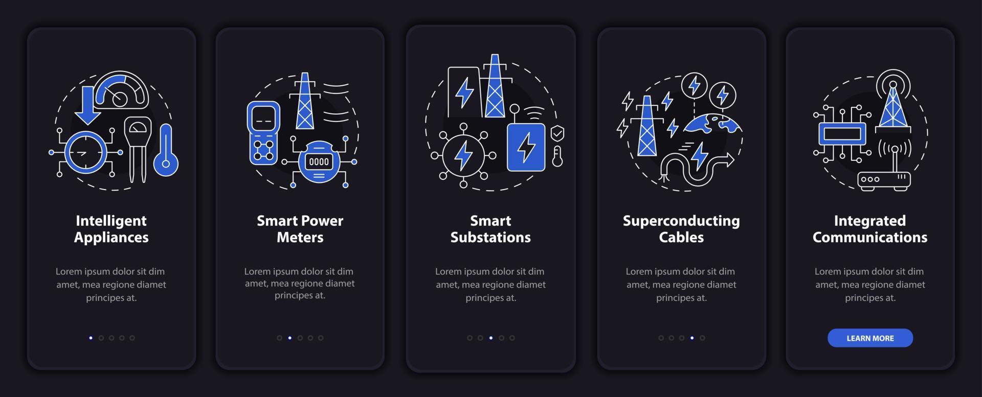 Smart grid components night mode onboarding mobile app screen. System walkthrough 5 steps graphic instructions pages with linear concepts. UI, UX, GUI template. Myriad Pro-Bold, Regular fonts used vector