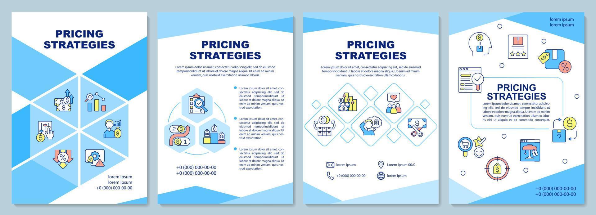 Pricing strategies brochure template. Establish best price. Booklet print design with linear icons. Vector layouts for presentation, annual reports, ads. Arial-Black, Myriad Pro-Regular fonts used