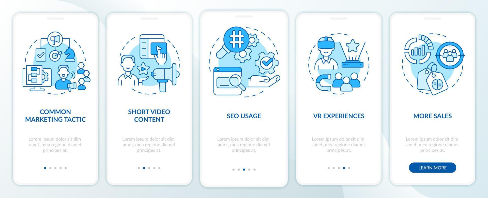 Current marketing trends blue onboarding mobile app screen. Promotion walkthrough 5 steps graphic instructions pages with linear concepts. UI, UX, GUI template. Myriad Pro-Bold, Regular fonts used vector