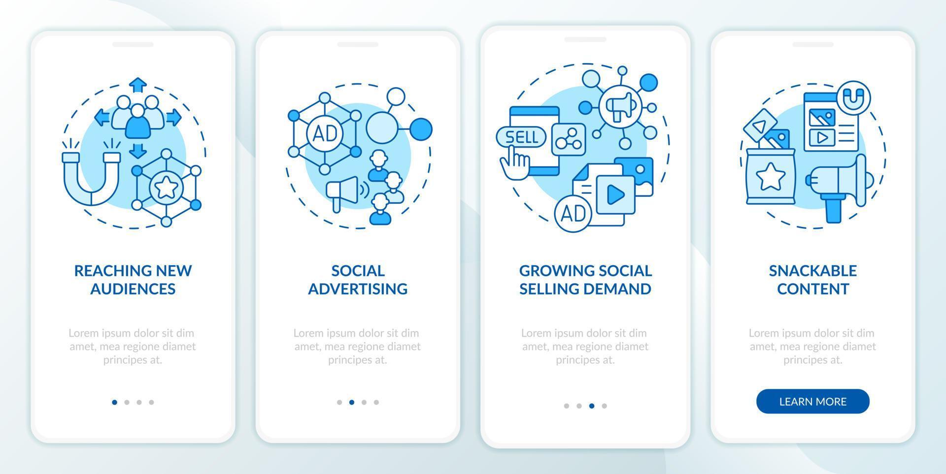 SMM marketing trends blue onboarding mobile app screen. Connection walkthrough 4 steps graphic instructions pages with linear concepts. UI, UX, GUI template. Myriad Pro-Bold, Regular fonts used vector