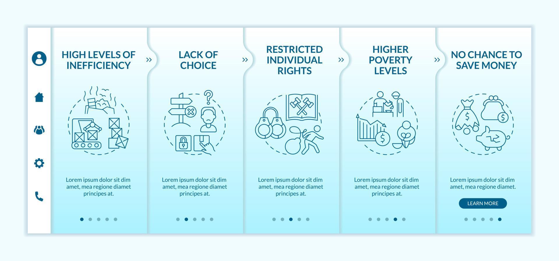 Centrally planned economic system disadvantages yellow onboarding template. Responsive mobile website with linear concept icons. Web page walkthrough 5 step screens. Lato-Bold, Regular fonts used vector