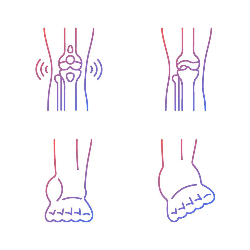 conjunto de iconos de vector lineal de gradiente de dolor de pierna de artritis. enfermedad degenerativa de las articulaciones. condición de bursitis. tensiones musculares. paquete de símbolos de contorno de línea delgada. colección de ilustraciones de contorno aislado