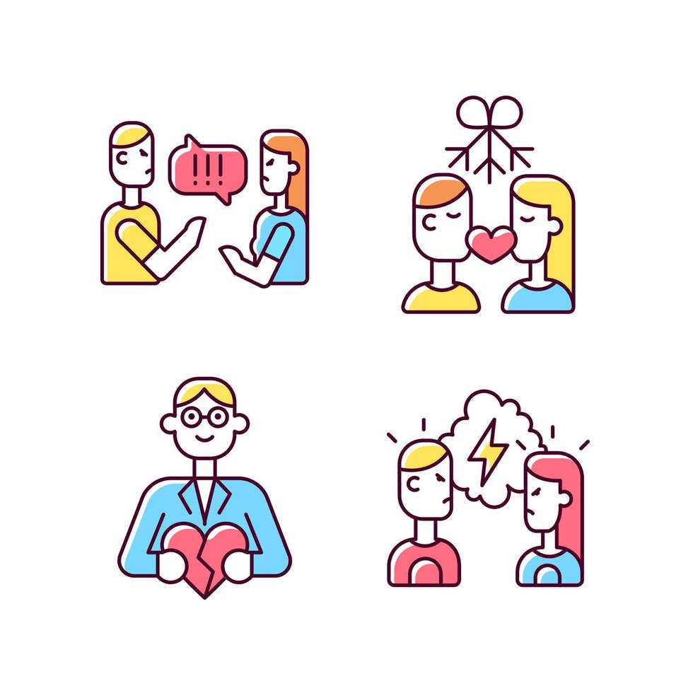 peleando en relación conjunto de iconos de color rgb. pareja criticándose mutuamente. relación sana. Consultora familiar y de pareja. ilustraciones vectoriales aisladas. colección de dibujos de líneas rellenas simples vector