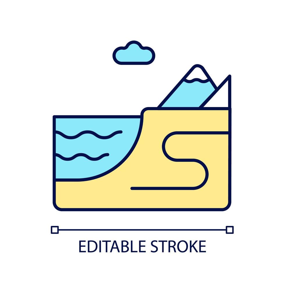 Coastal land RGB color icon. Sea and ocean shore. Coastline. Ground border with water. Marine ecosystem. Watershed landform. Isolated vector illustration. Simple filled line drawing. Editable stroke