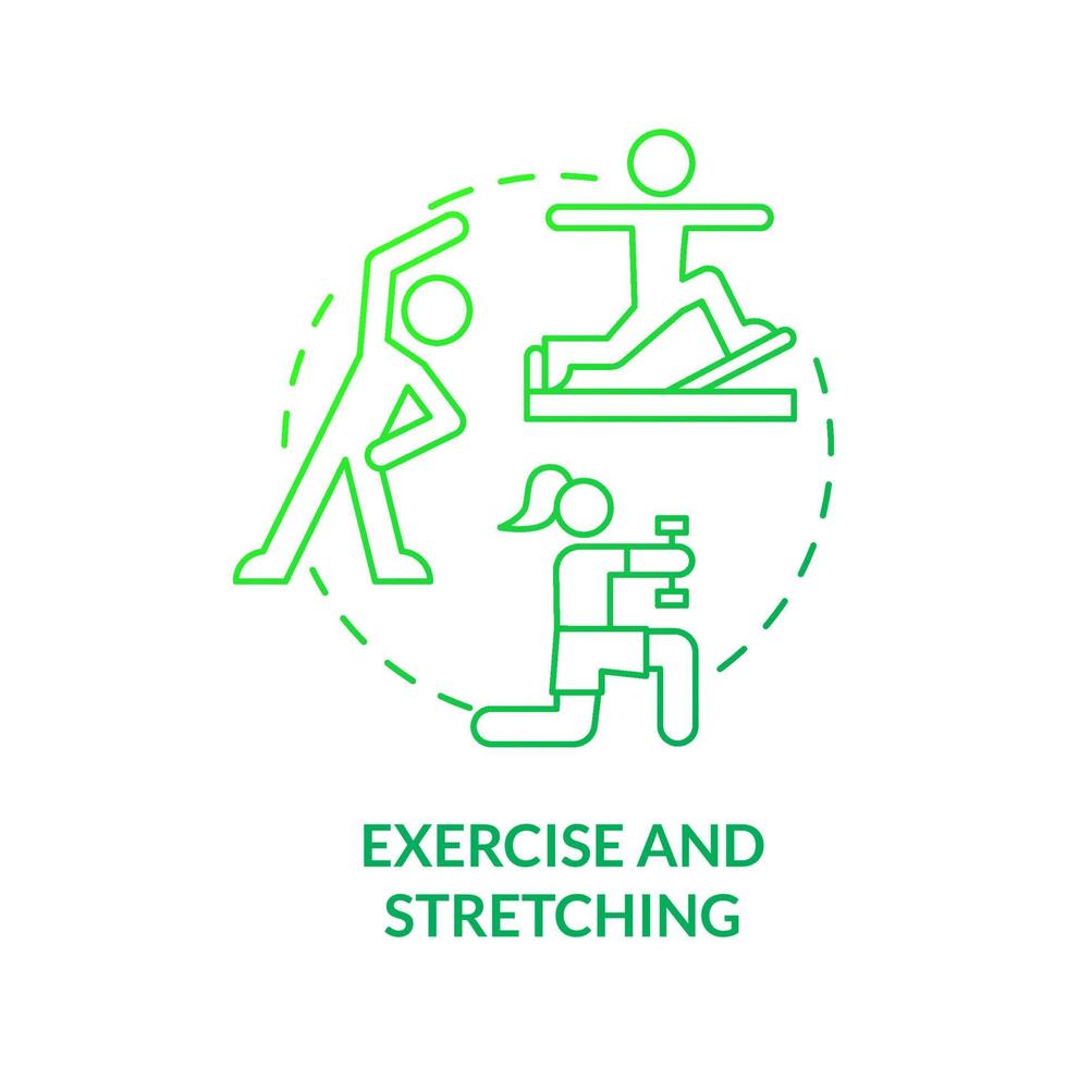 ejercicio y estiramiento icono de concepto de gradiente verde. riesgo de reducción de la artritis idea abstracta ilustración de línea delgada. prevenir enfermedades de las articulaciones. dibujo de color de contorno aislado vectorial vector