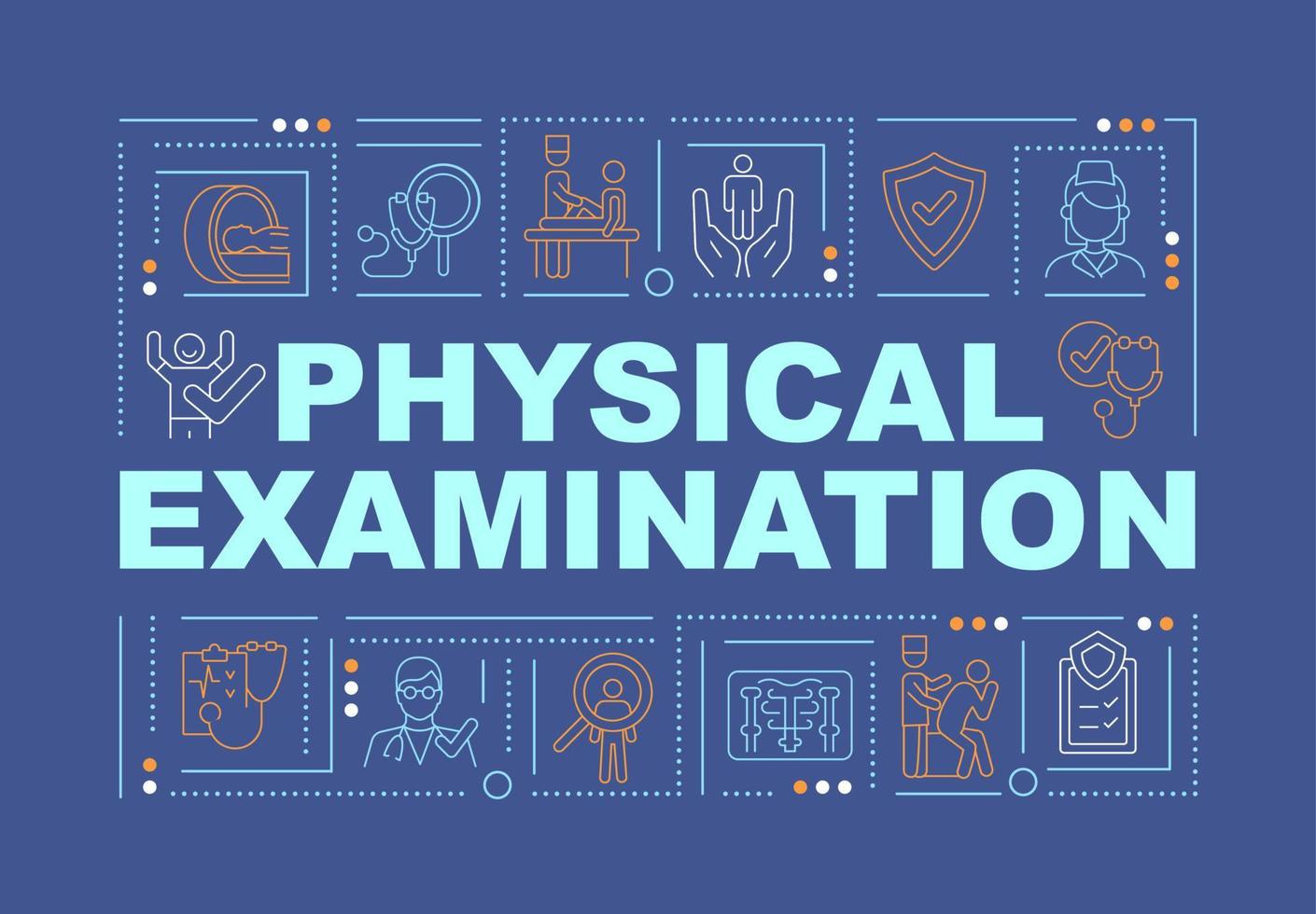 banner de conceptos de palabras de examen físico. chequeo médico y pruebas. infografías con iconos lineales sobre fondo azul. tipografía creativa aislada. ilustración de color de contorno vectorial con texto vector