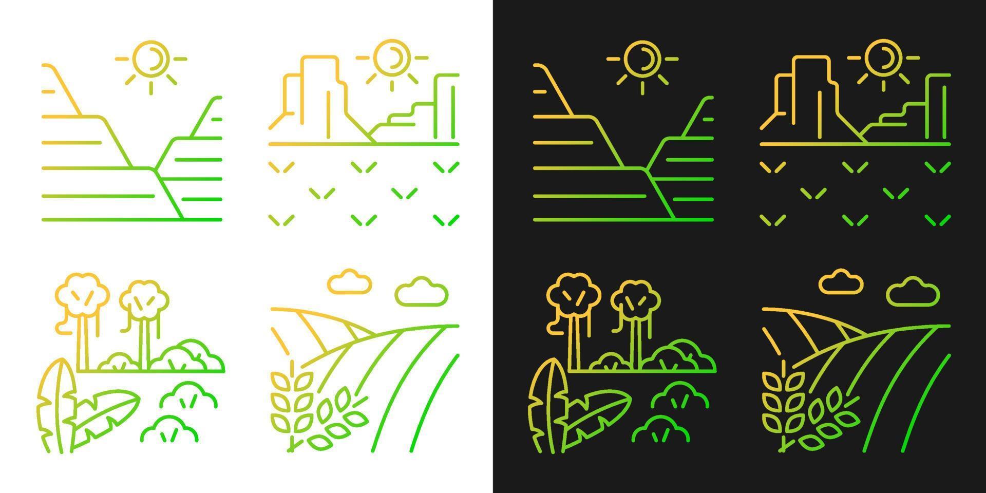 Landforms gradient icons set for dark and light mode. Sediment formation. Jungle and rainforest. Thin line contour symbols bundle. Isolated vector outline illustrations collection on black and white