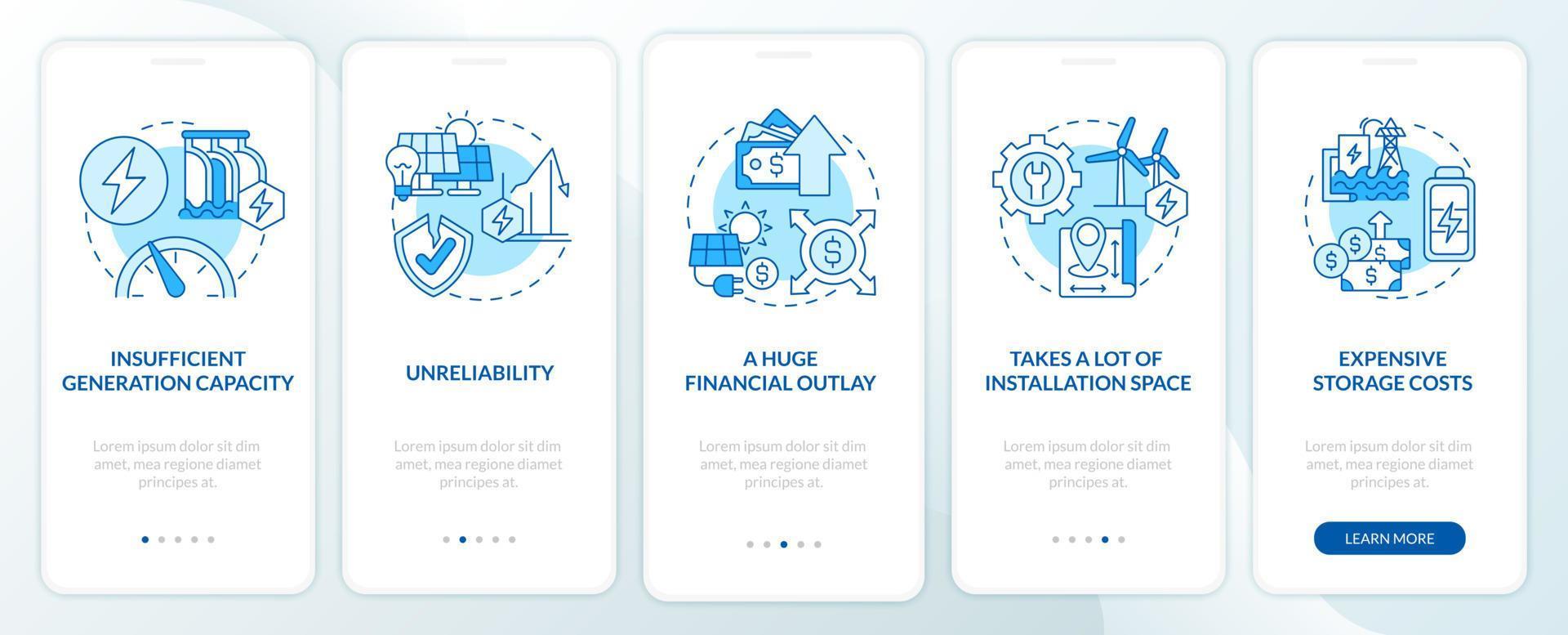 Problems with renewable energy onboarding mobile app page screen. Installation space walkthrough 5 steps graphic instructions with concepts. UI, UX, GUI vector template with linear color illustrations